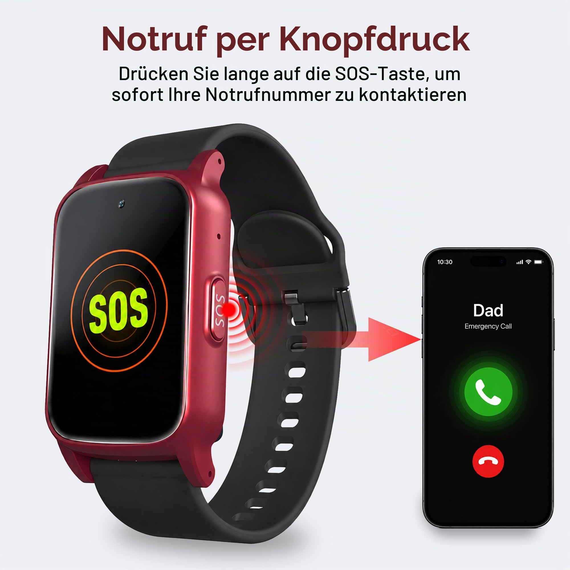 4G Senioren Smartwatch mit SOS Notruf, Sturzerkennung, Videoanruf und GPS Ortung in Echtzeit, GPS Uhr für Senioren, SIM Karte Erforderlich (Rot)