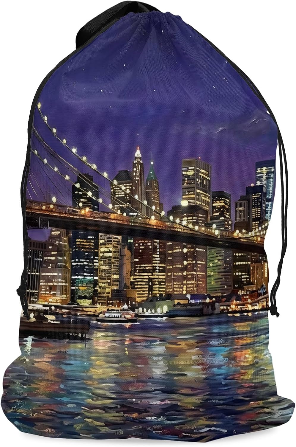 Modern Art Large Laundry Bag with Drawstring Closure, City Bridge Aesthetics Contemporary Dirty Clothes Bags Mesh Storage Bag for College Dorm, Travel, Apartment, 25" x 38"