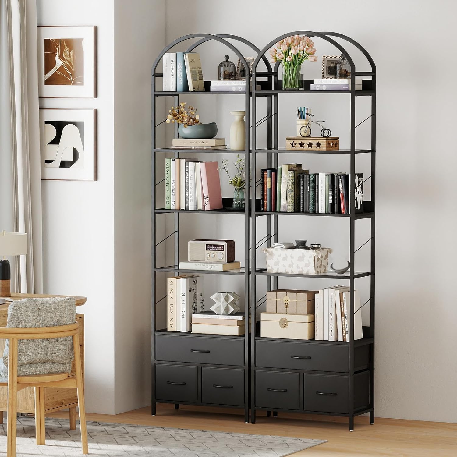 Tall Narrow Bookshelf with 3 Drawers, Arched Bookcase with 4 Legs, 84 inches 5 Tier Skinny Book Shelves with LED Lignts for Living Room, Office, Black