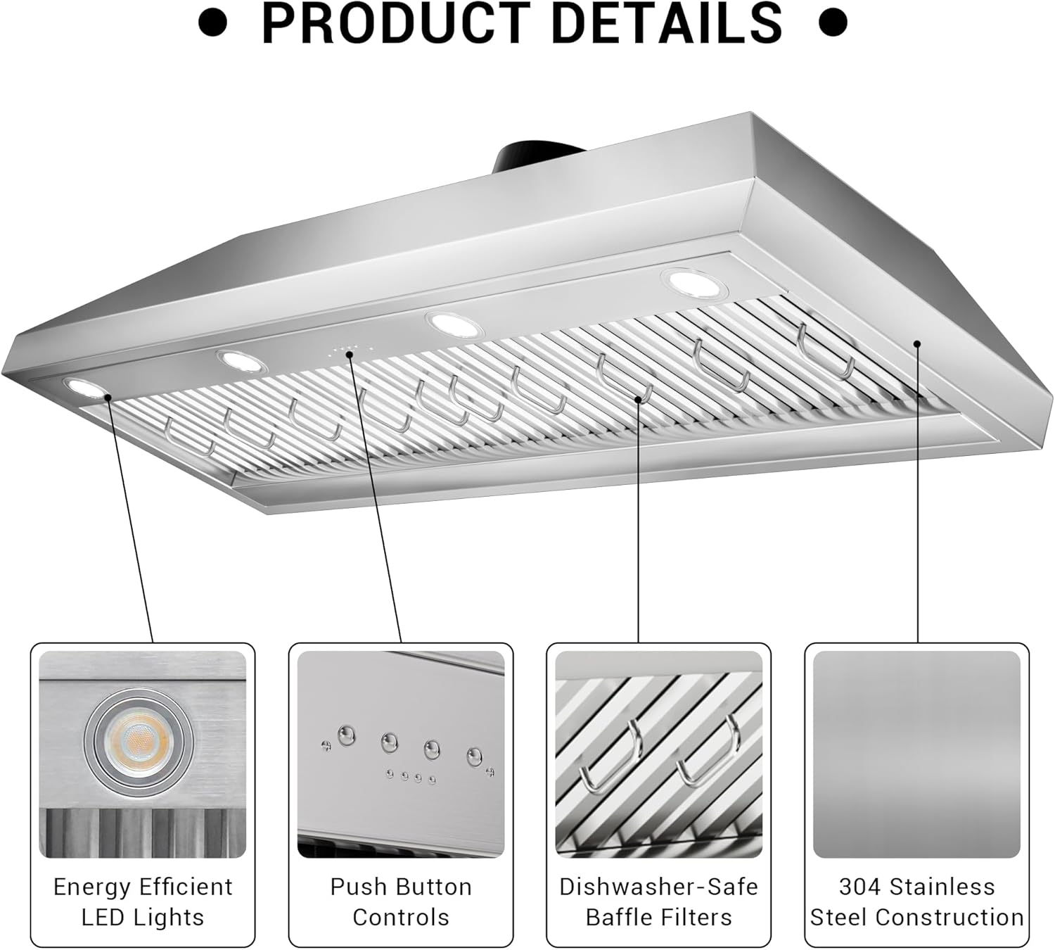 60-inch Range Hood Insert with Inline Remote Blower, CT Copper Tailor 1260CFM Kitchen Vent Hood, 4-Speed Exhaust Fan, 4 LED Lights, 8" Round Ducted,Baffle Filters, in Stainless Steel