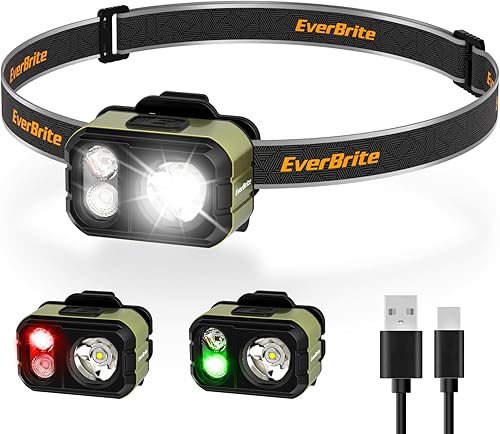 EverBrite Linterna frontal LED recargable, solo 1.59 onzas ultra ligera con clip para sombrero, IP67 impermeable, luz blancarojaverde, 7 modos para