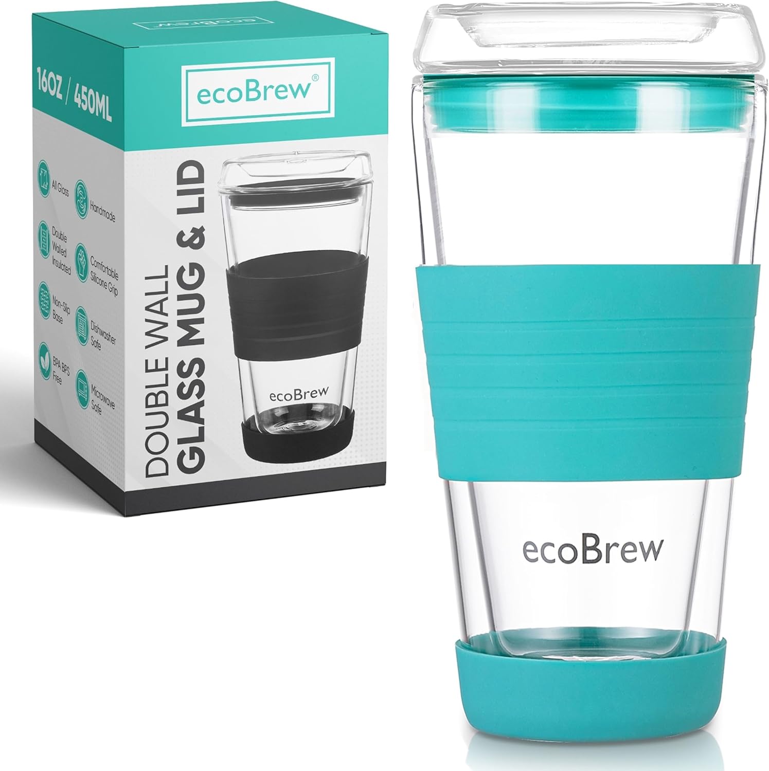 Double Wall Glass Tumbler with Lid, Glass Travel Mug, Dishwasher Safe & Microwavable Clear Coffee Tumbler To Go, Reusable Ceramic Cup with Lid (Bright Aqua, 16oz)