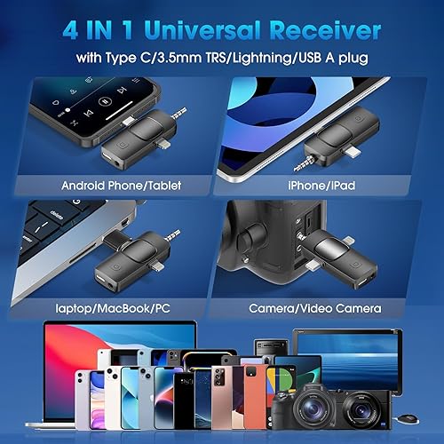 Miniatura 5 de NICHOM Micrófono Lavalier inalámbrico 3 en 1 para iPhoneiPadAndroidPCcámara, mini micrófono con reducción de ruido, mini micrófono para video vlog,