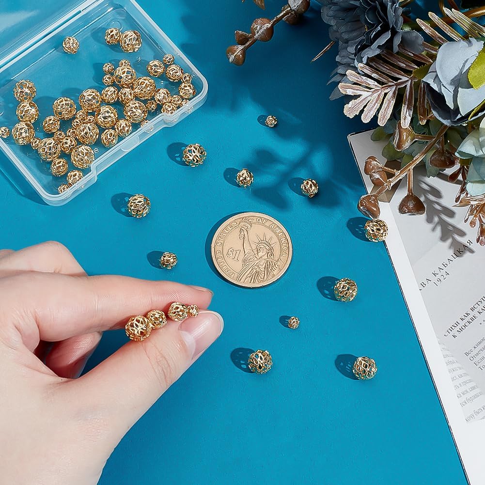 PH PandaHall 60pcs 14K Gold Plated Round Beads, 4/6/8mm Round Hollow Bead Metal Brass Spacer Beads Filigree Loose Bead for Earrings Bracelet Pendant Waist Chain Necklaces Jewelry DIY Crafts - Image 3