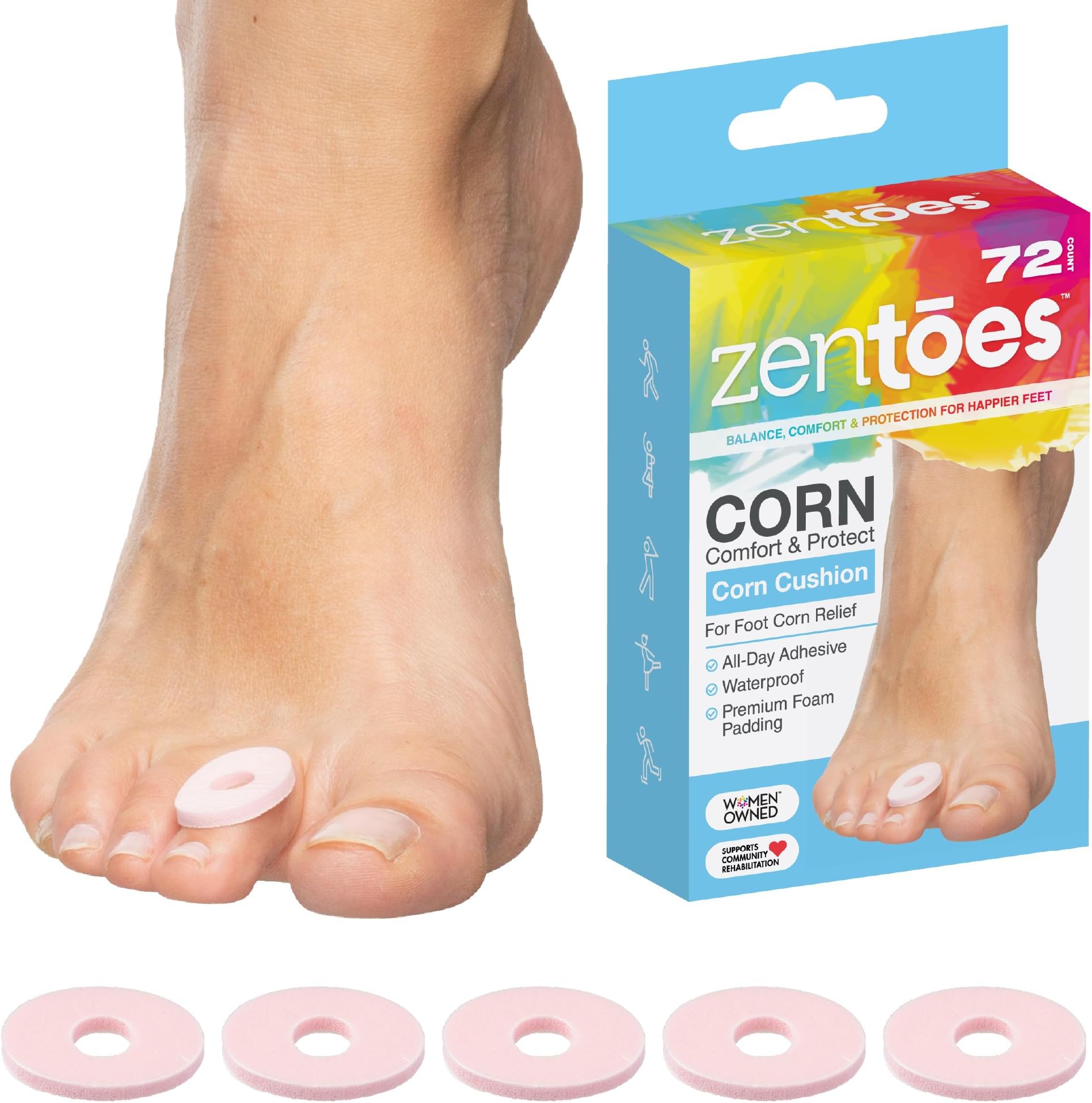 ZenToesThick Corn Cushions Toe Pads - Hypoallergenic and Waterproof (72 Count)