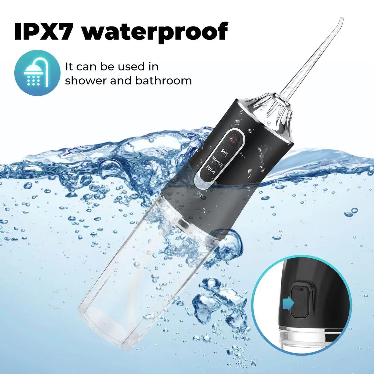 Irrigador dental de agua, portátil, inalámbrico, recargable, limpiador de riego de viaje, 3 modos, 4 chorros, IPX7, impermeable, eléctrico (negro)