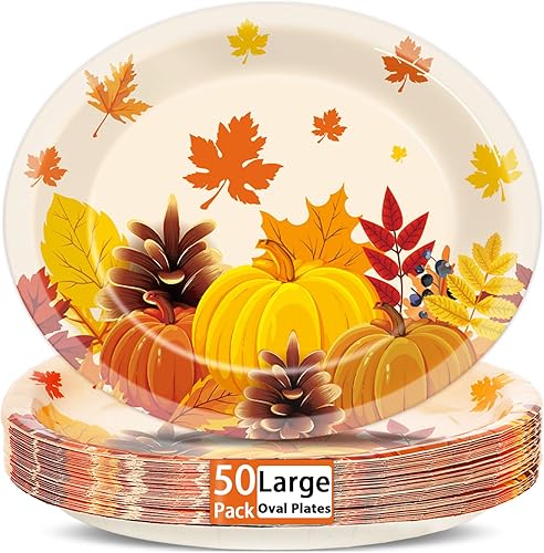 50 platos ovalados de papel para fiesta de otoño, grandes de 11 pulgadas, platos temáticos de hojas de otoño, bandeja de platos resistente con