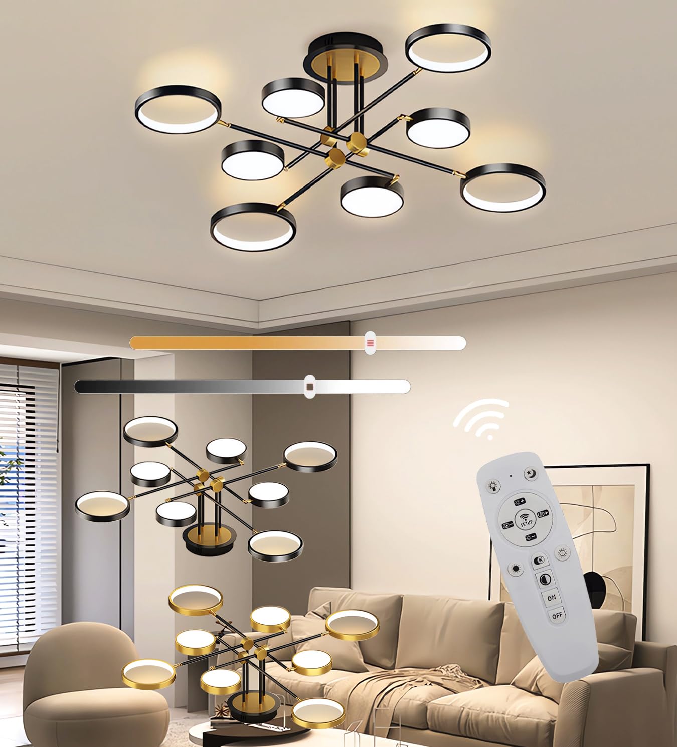Lampa sufitowa LED 8-pierścieniowa Okrągłe lampy sufitowe Nowoczesne oświetlenie salonu Lampy sufitowe z funkcją ściemniania i pilotem 96 W, 3000 K-6000 K do jadalni, sypialni (Czarny, 8 pierścieni)