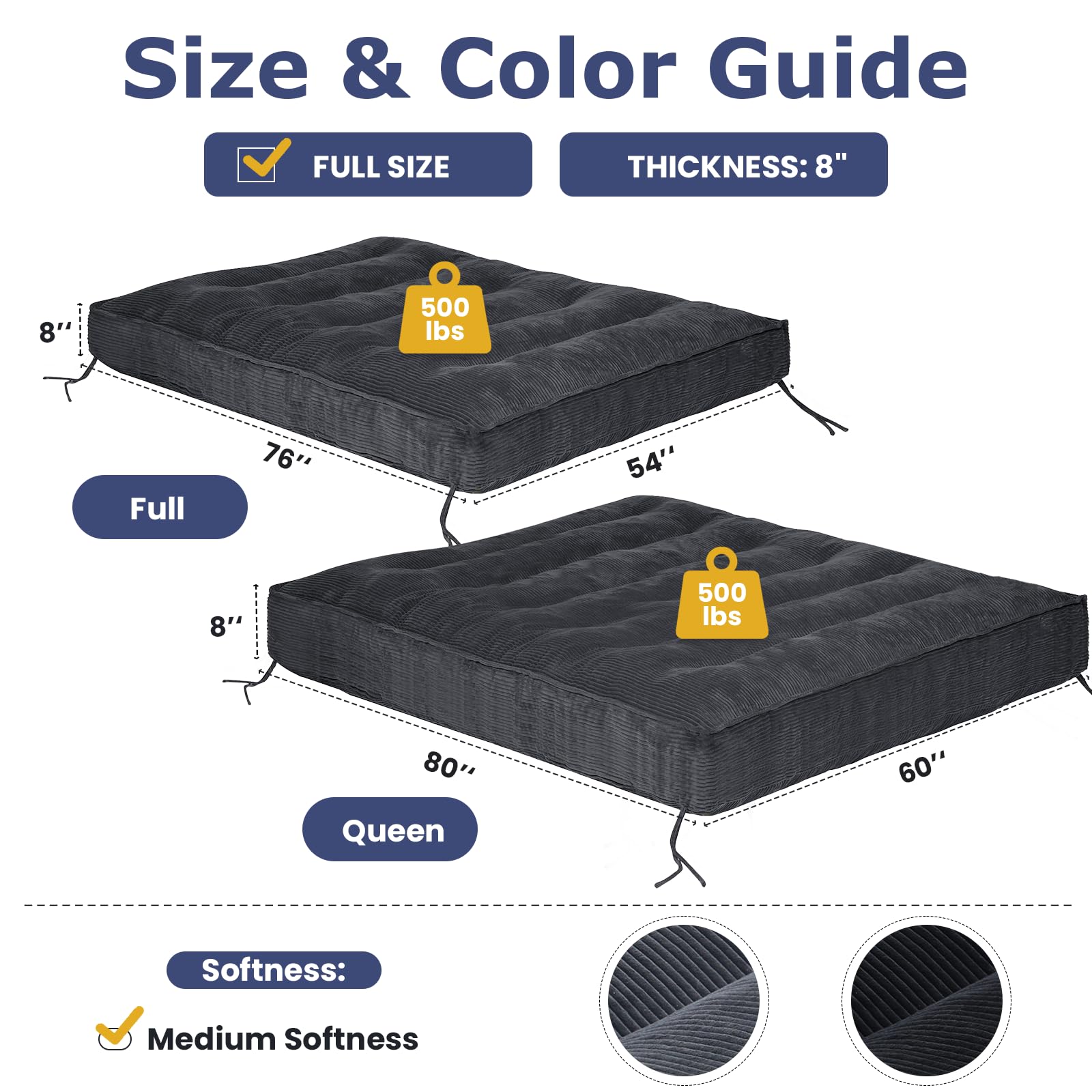 JUIKURY 8" Futon Mattress Full Size, Thick Futons Sofa Couch Bed Sleeper Sofa Bed, Floor Mattress for Adults, Roll Up Folding Mattres Shredded Foam Filling, Medium Firm(Frame Not Included)