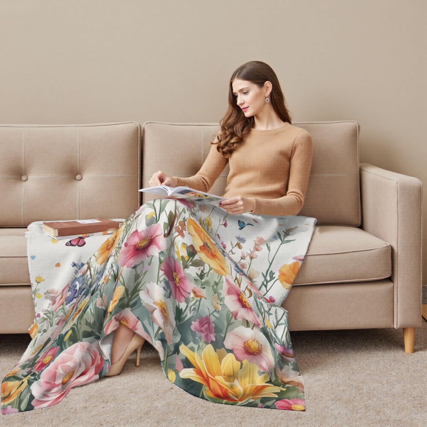 Spring Flower Throw Blanket Botanical Floral Flannel Fleece Bed Blankets Cozy Fuzzy Plush Lightweight Blanket for Sofa Bed Couch 50x60 inch