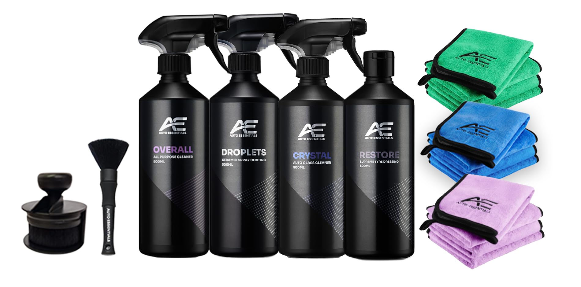 Auto Essentials 18 Piece Finishing Detailing Kit Ceramic Glass, Tyre & Interior Cleaner Brush Applicator Microfibre Doublesided Cloths
