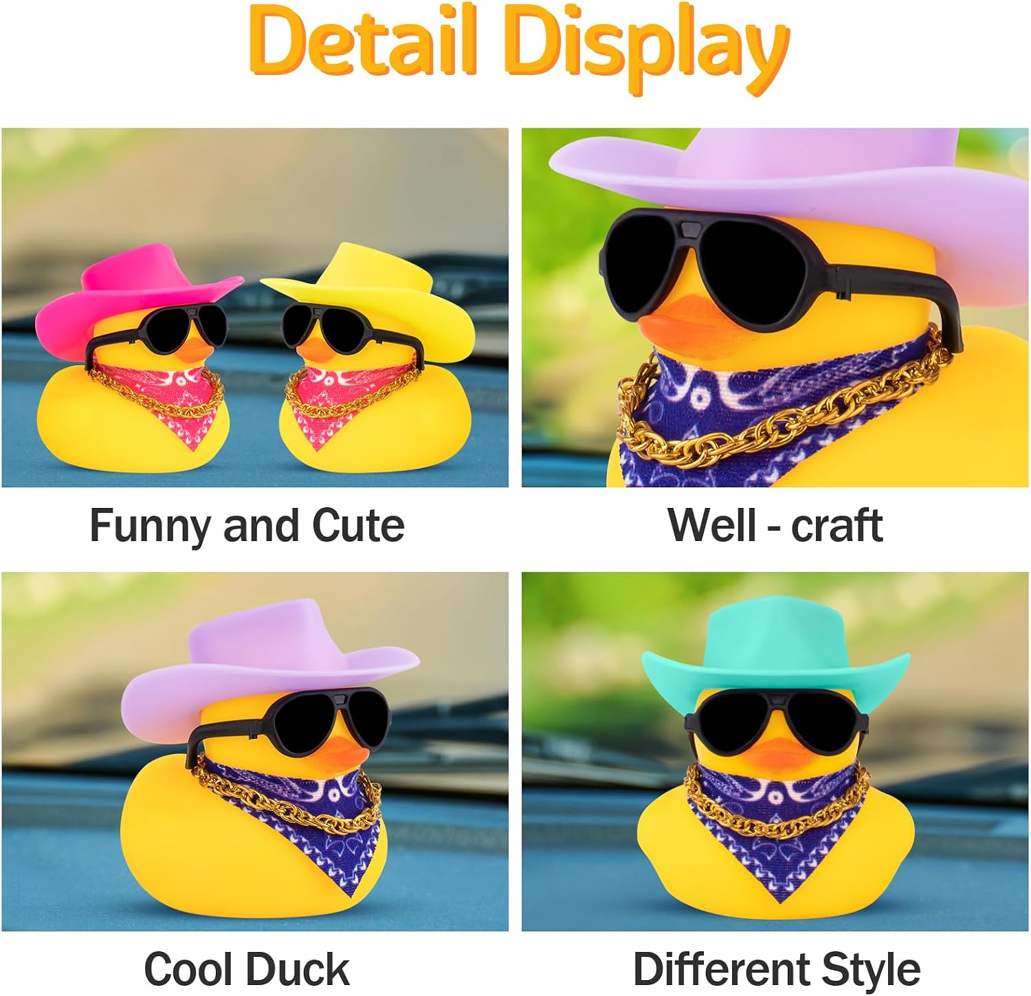 wonuu Duck Dashboard Decoration with Propeller Cowboy Hat Sunglasses Necklace Scarf, Black+Pink