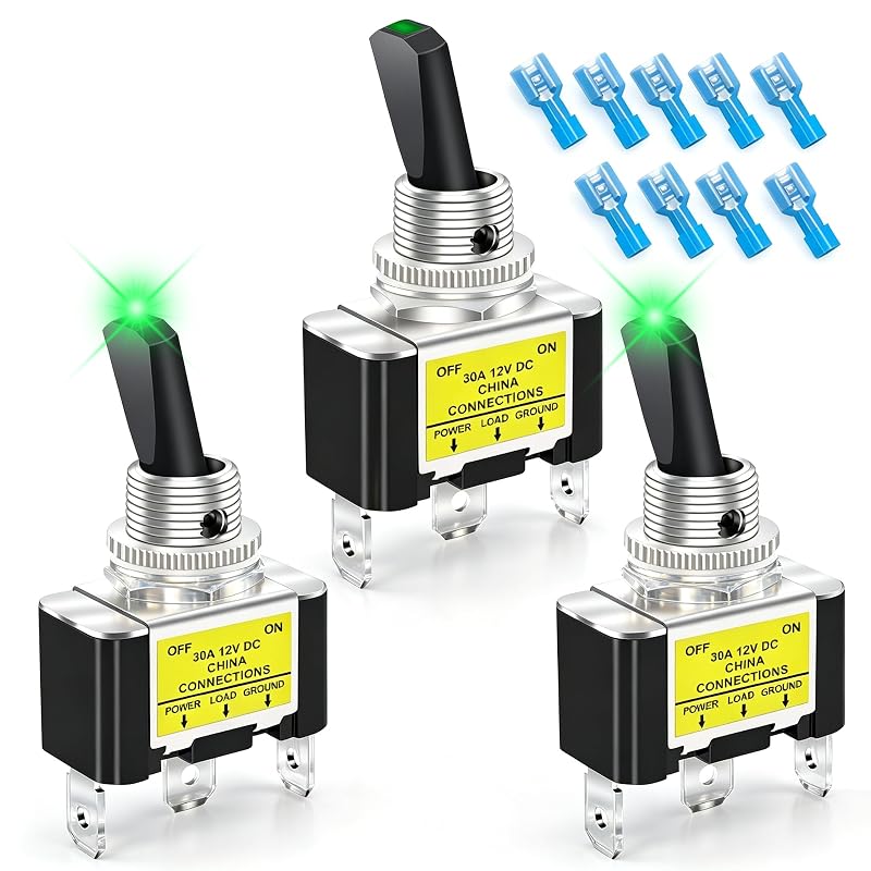 Interruptor basculante com LED verde Twidec SPST ON/OFF 12 V 30 A – Conjunto com 3 unidades