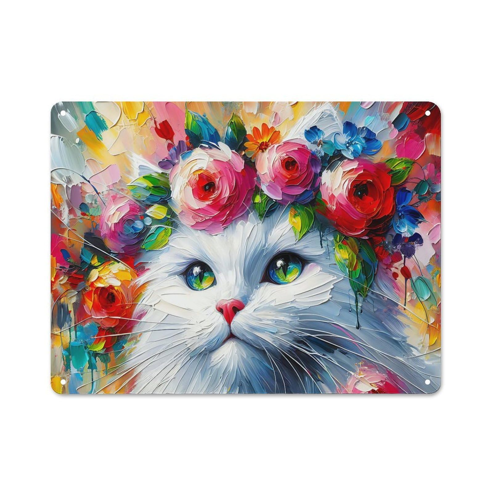 Junmoney Style-8 Warehouse Style Tin Wall Sign 30X40cm Featuring Acrylic Majestic Blossoming Cat, Loft Wall Plaque For Loft, Studio, Office Or Creative Room
