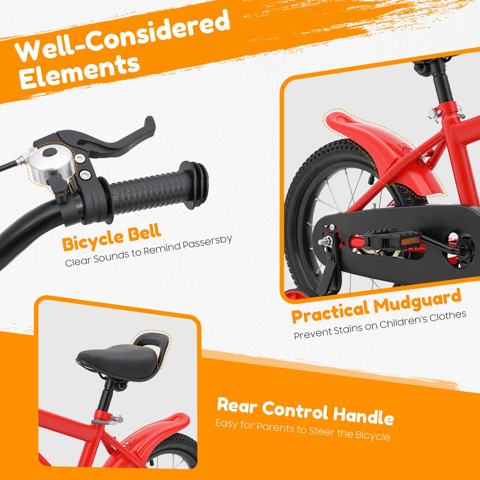 Vélo pour enfant de 14 pouces, avec roues stabilisatrices et double système de freinage, selle réglable, convient aux enfants à partir de 3 ans qui apprennent le cyclisme, le cyclisme en plein
