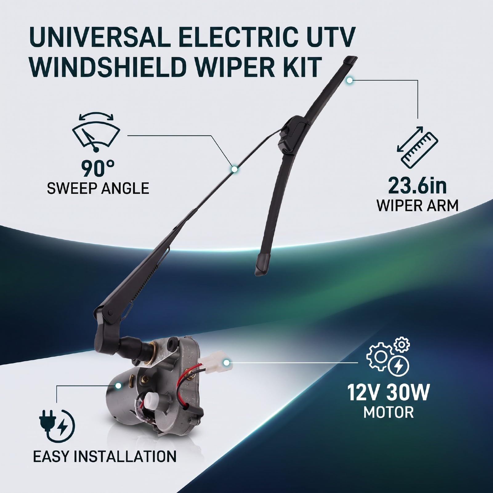 Kit Limpiaparabrisas para UTV Eléctrico 12V con Bomba de Motor | Ajuste universal, barrido de 90 grados, tanque de líquido de 1,5 l, adecuado para tractores, compatible con