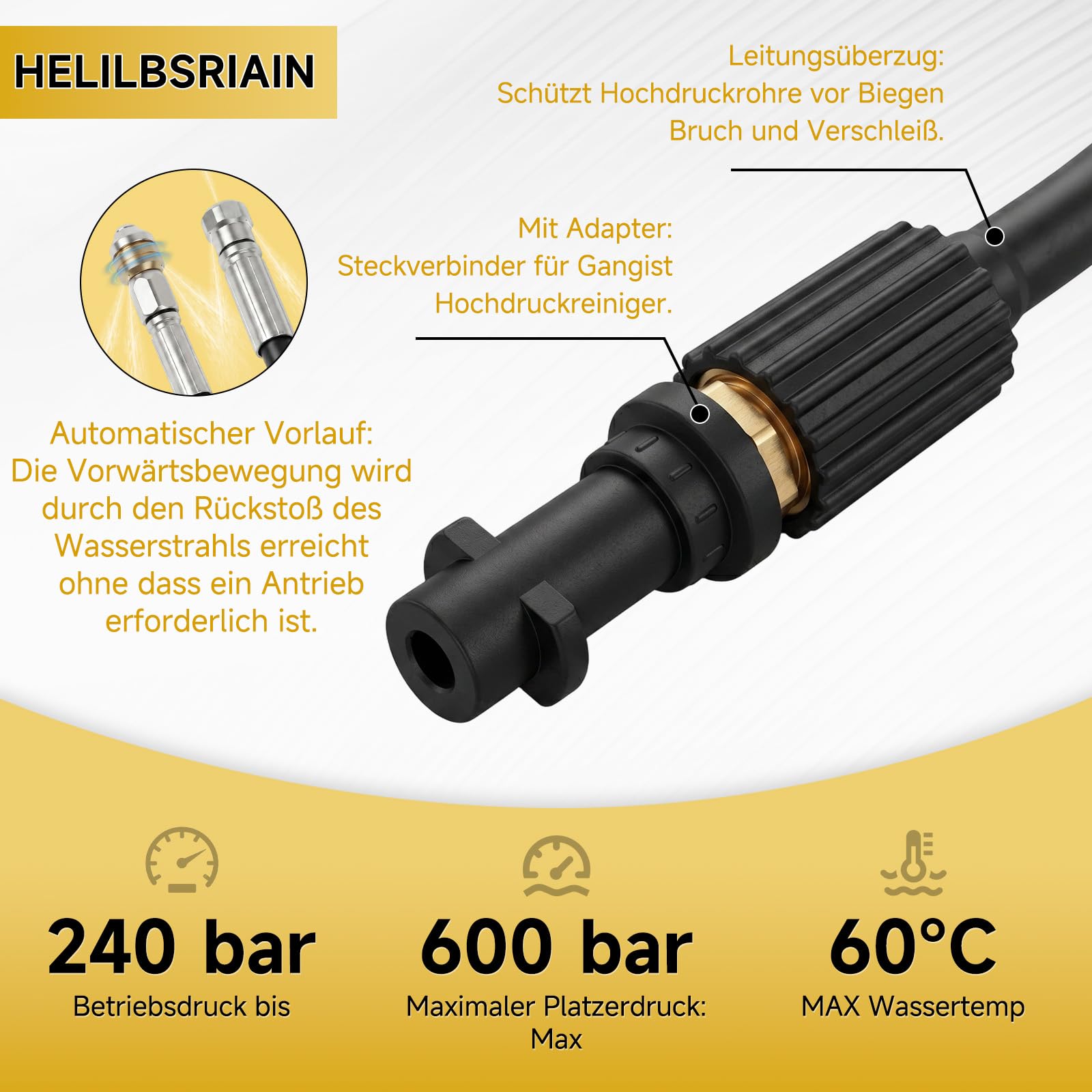 Rohrreinigungsschlauch set 15 Meter, M22 Adapter, Tasche mit Adapter, Düsen starr + rotierend, 240bar 60°C Rohrreinigungsset Geeignet für Kärcher K2, K3, K4, K5, K6, K7 Hochdruckreiniger