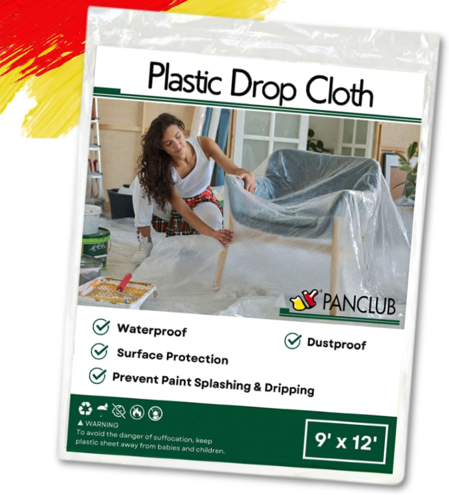 Plastic Drop Cloth for Painting, Dustproof Rectangular Tarps, Ultra-Thin Waterproof Polythene Floor Covering, 9 x 12ft Large Plastic Sheet for Furniture Covers, 14 Micron, 1 Piece