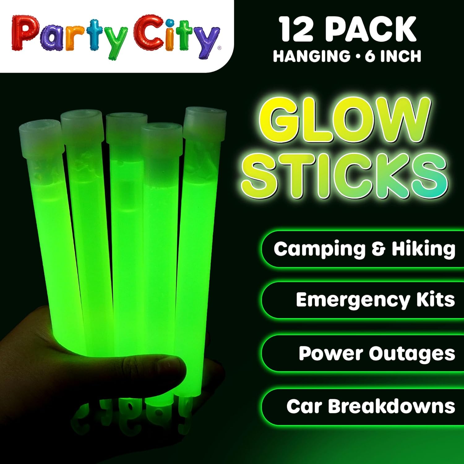 Party City Green Glow Sticks Bulk Pack 6”- 12pk Glow in the Dark Sticks for Kids, Waterproof Camping Survival Ultra Bright Emergency Light Stick with String, Neon Glowsticks Party Supplies Favors - Image 2