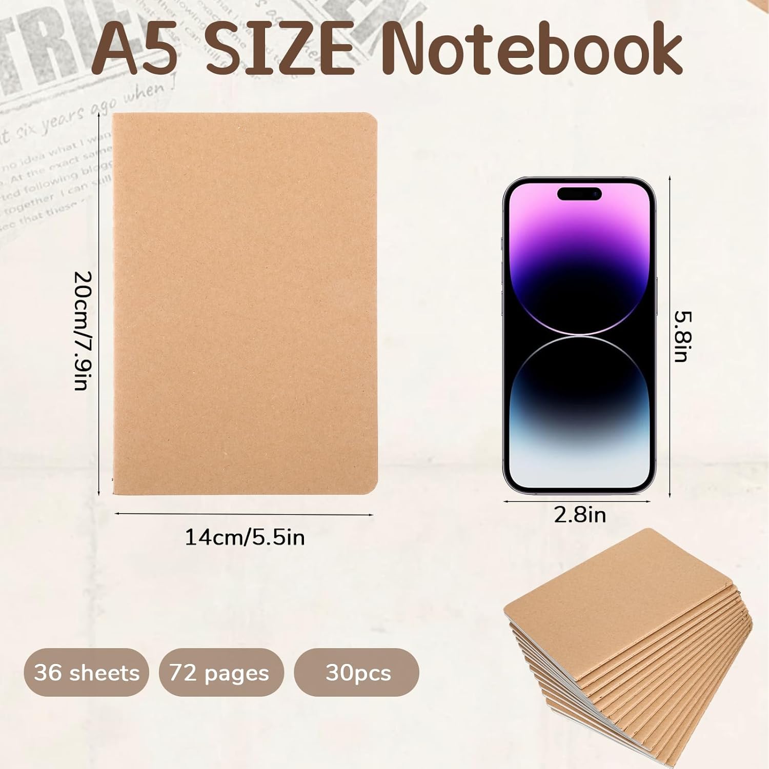 30 Pack Journals Notebooks Bulk, A5 Composition Notebook Journals Bulk, Brown Notebook Lined Paper Journaling Notebooks Brown Travel Journal for School Office Writing Notes -7.9 X 5.5 Inch
