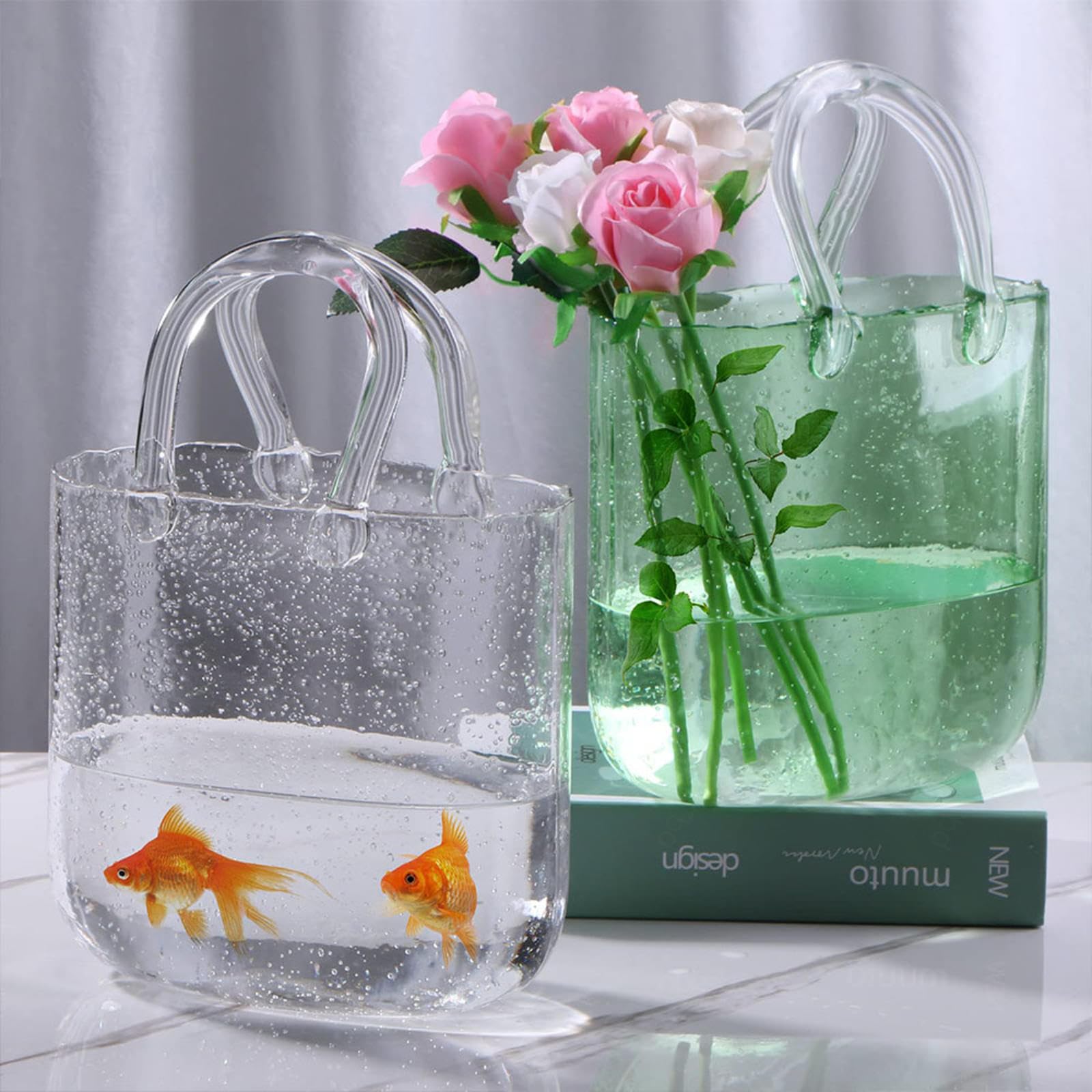 Vaso Portamonete per Fiori, Vaso in Vetro soffiato a Mano, Vaso Trasparente in Vetro, per Decorazioni domestiche, Eventi, Ufficio, Giardino, Matrimonio, Style2-Blue