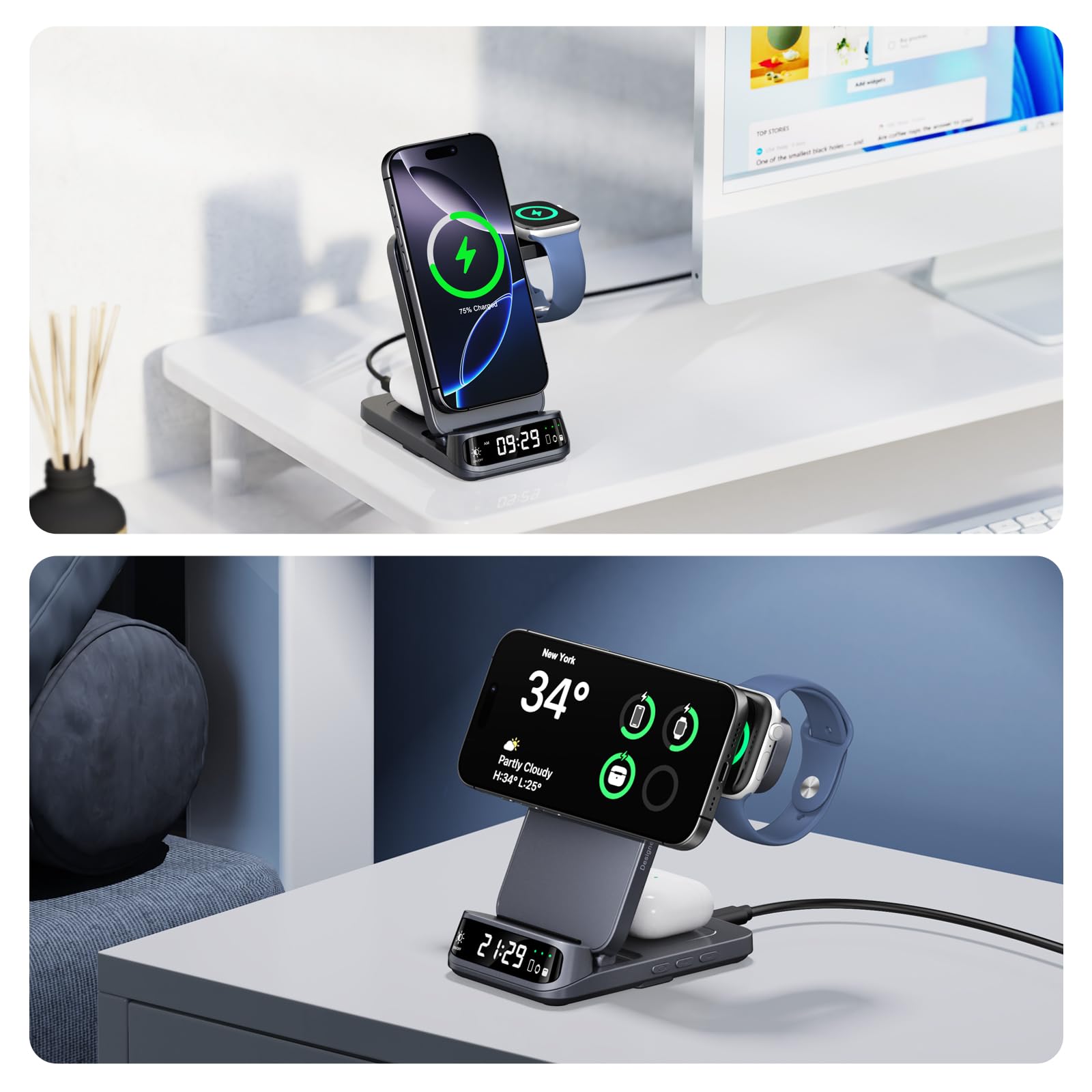 SwanScout Estación de Carga Inalámbrica para iPhone Air/17, Cargador Magnético Plegable 3 en 1 para iPhone 16/15/14/13/12, Apple Watch 11/10/9/8/7, AirPods Pro/4/3, SwanScout 708M (Sin Adaptador)