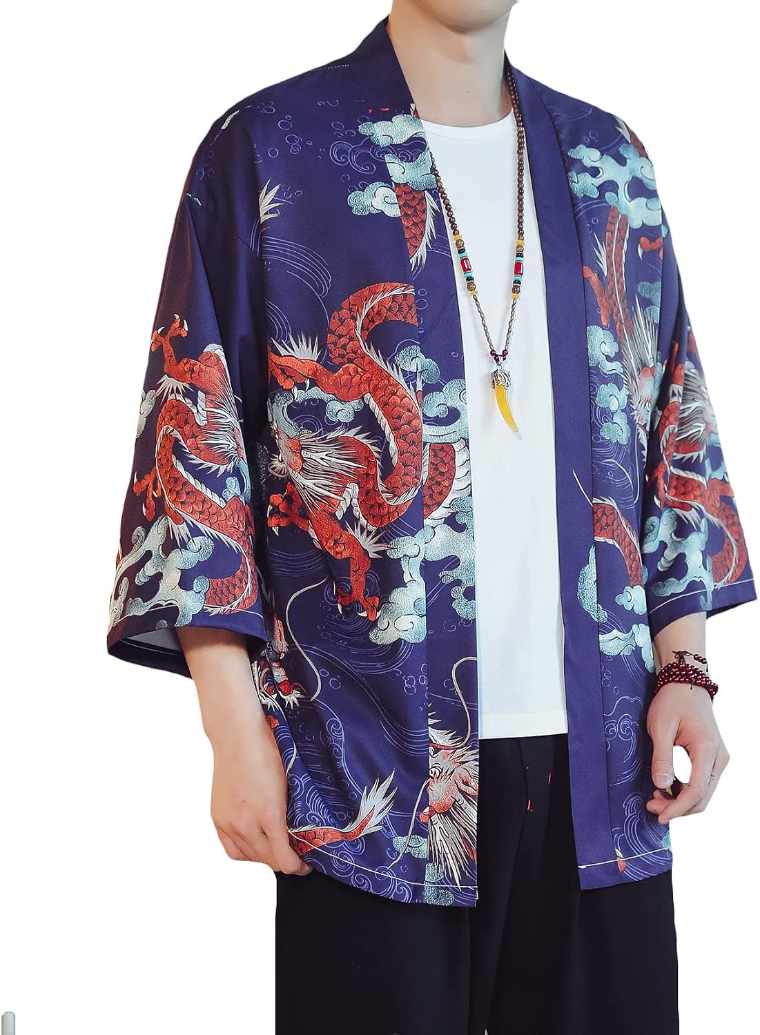 PRIJOUHE Men's Lightweight Kimono Jacket Seven Sleeve Open Front Cardigan Coat Japanese Style Bathrobe