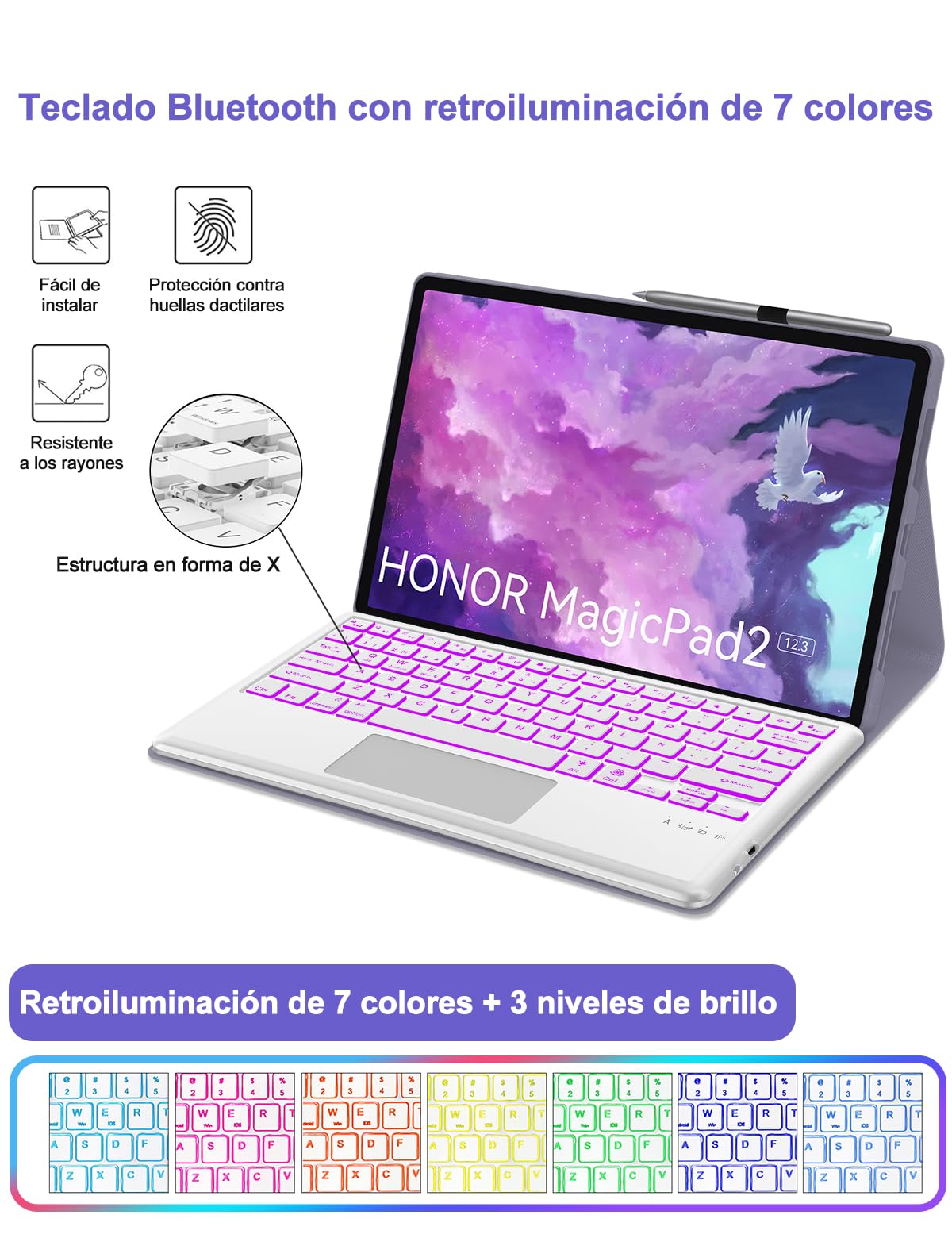Funda con Teclado para Honor Magic Pad 2 12.3 Pulgadas 2024 | [Español] Retroiluminado Bluetooth Magnéticamente Teclado con Funda Delgada y Touchpad para Tablet Honor Magic Pad 2, Lavanda