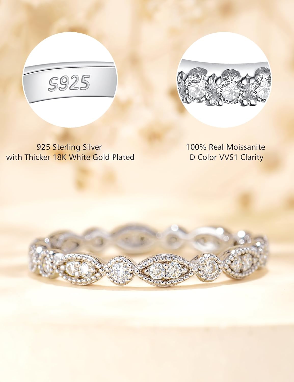 IMOLOVE Moissanite Wedding Band Wedding Rings for Women Evil Eye Shaped 925 Sterling Silver Rings with 18K Gold Plated Eternity Stackable Engagement Ring Anniversary Band Size 3-11.5 - Image 2