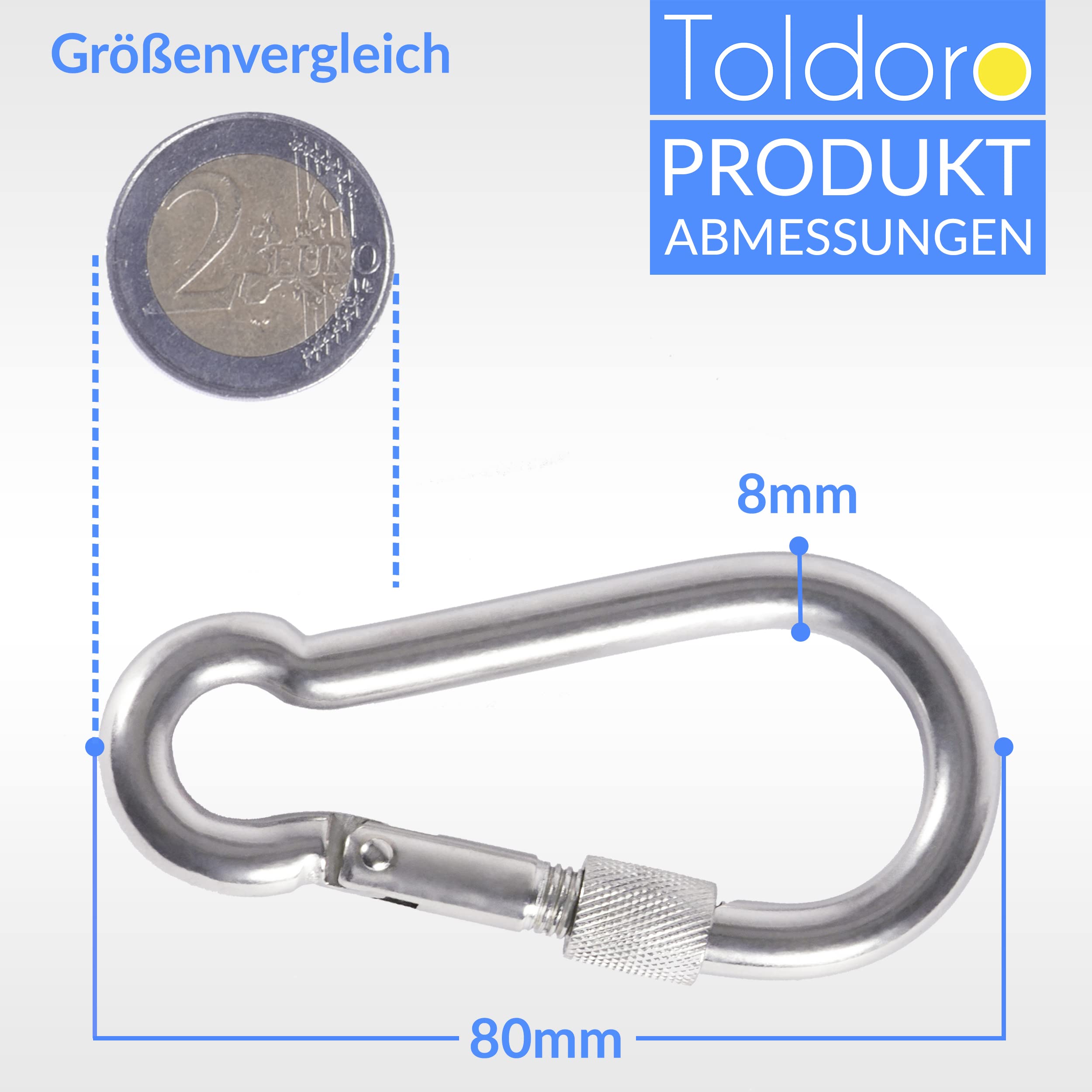 Toldoro® 10x Edelstahl Karabiner mit Schraubverschluss 80mm Rostfrei - NIRO AISI 316 V4A / Karabinerhaken Klein für Schaukel, Hängematte oder Sonnensegel/Schraubkarabiner, Bruchlast 640kg