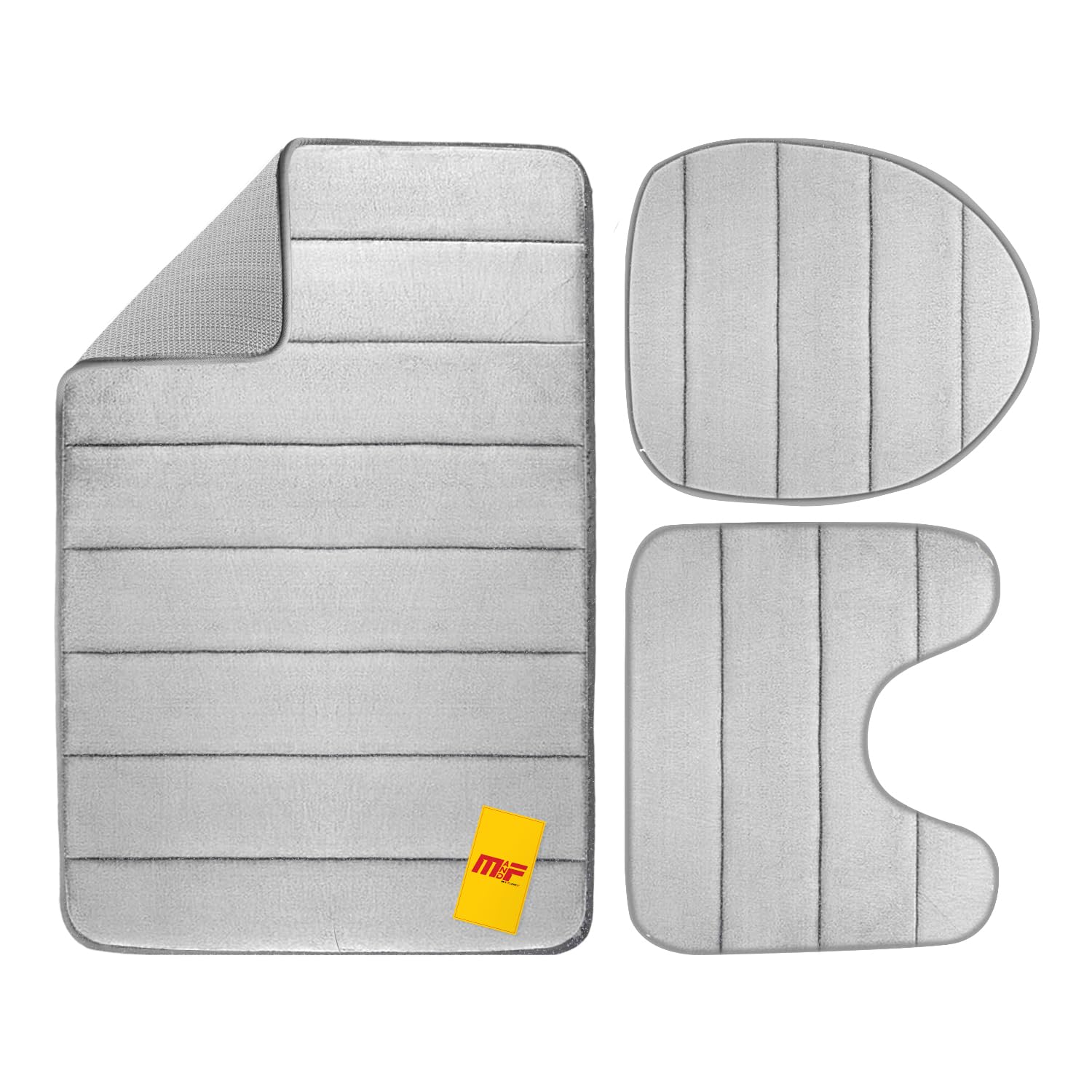 M&F 3-PC Bathroom Rug Set - Non-Slip, Absorbent & Machine Washable, Includes U-Shaped Contour Mat, Toilet Lid Cover & Rectangular Bath Mat, Durable Bathroom Mats for Home, Office & Hotel - Gray