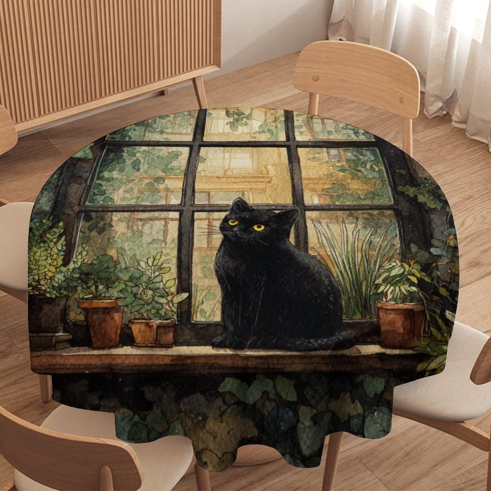 LUYYSKY Beautiful Abstract Black Cat Round Tablecloth Vintage Realistic Botanical Cottage Animal Kitten Floral Washable Decor for Table Cover for Kitchen-177.8" Wx177.8 L cm