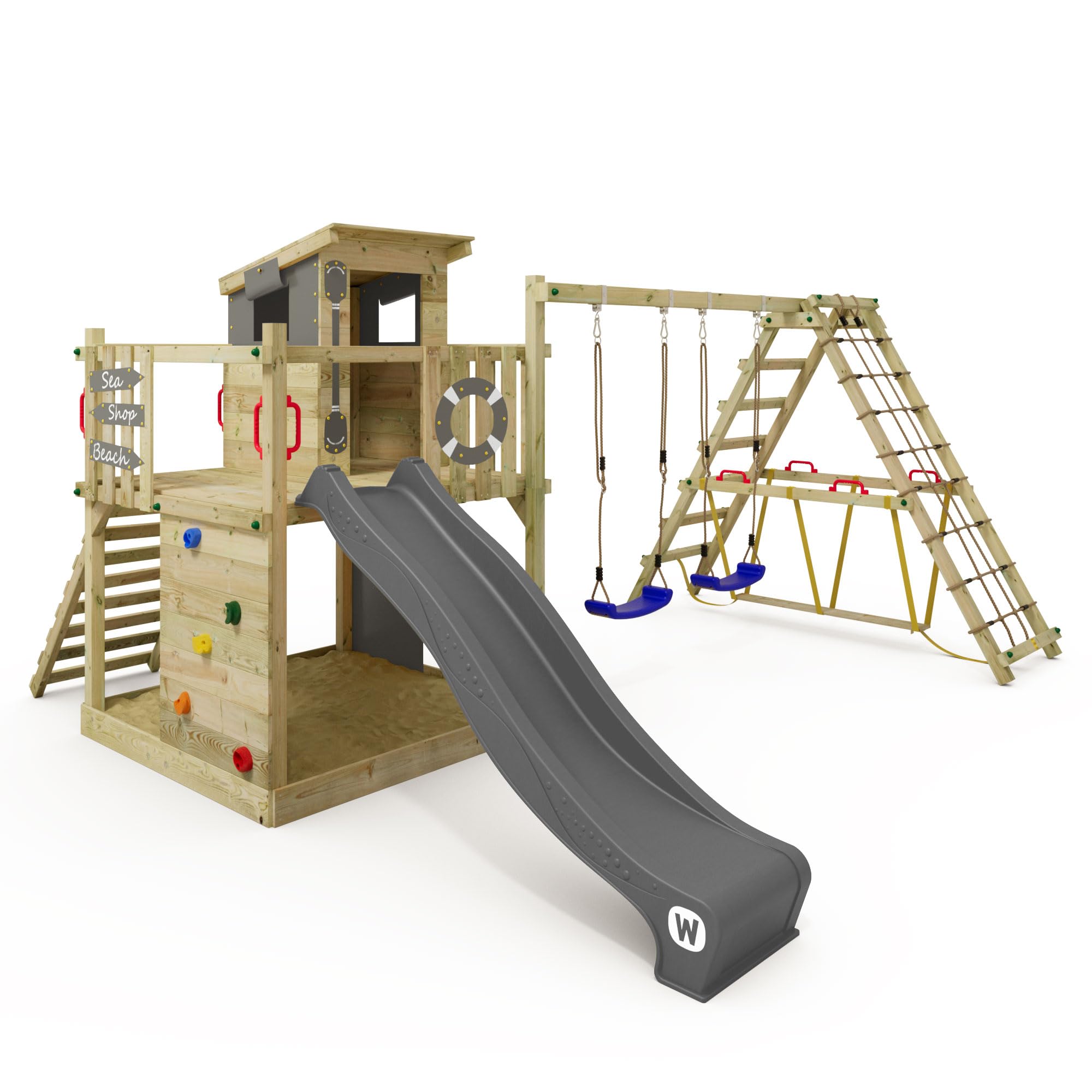 Gioco da giardino WICKEY Smart Surf con altalena e scivolo, struttura da esterno per bambini con sabbiera, scaletta e accessori da gioco (antracite)