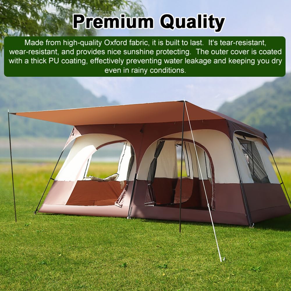 Tente de Camping de Voyage avec 2 Chambres, Grande Cabine Familiale, Respirante et Imperméable pour Camping en Plein Air, Randonnée, Plage