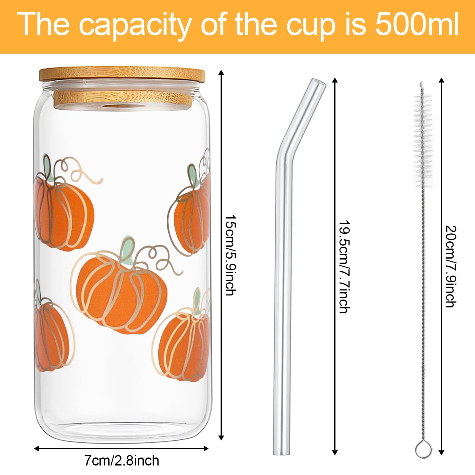 Booaee Bicchiere con Cannuccia,500 ml Bicchiere Vetro con Cannuccia per Halloween Bicchiere con Cannuccia Halloween Zucca Bicchieri per caffè succo di frutta cocktail e altro ancora