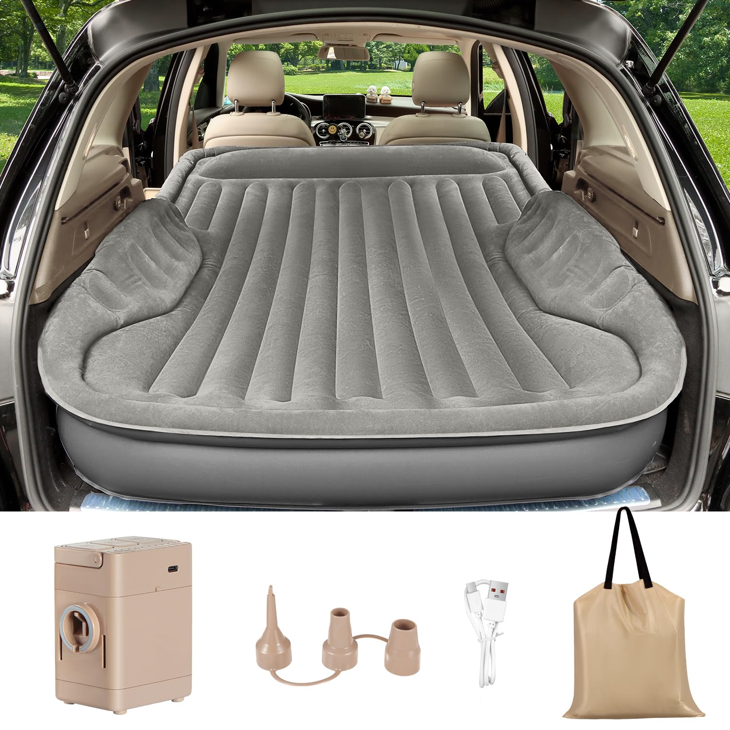 AKUDY Self-Inflating SUV Air Mattress with Built in Electric Pump?car air Mattress with Pillow for Trunk?Portable car Mattress for Travle and Camping, Gray