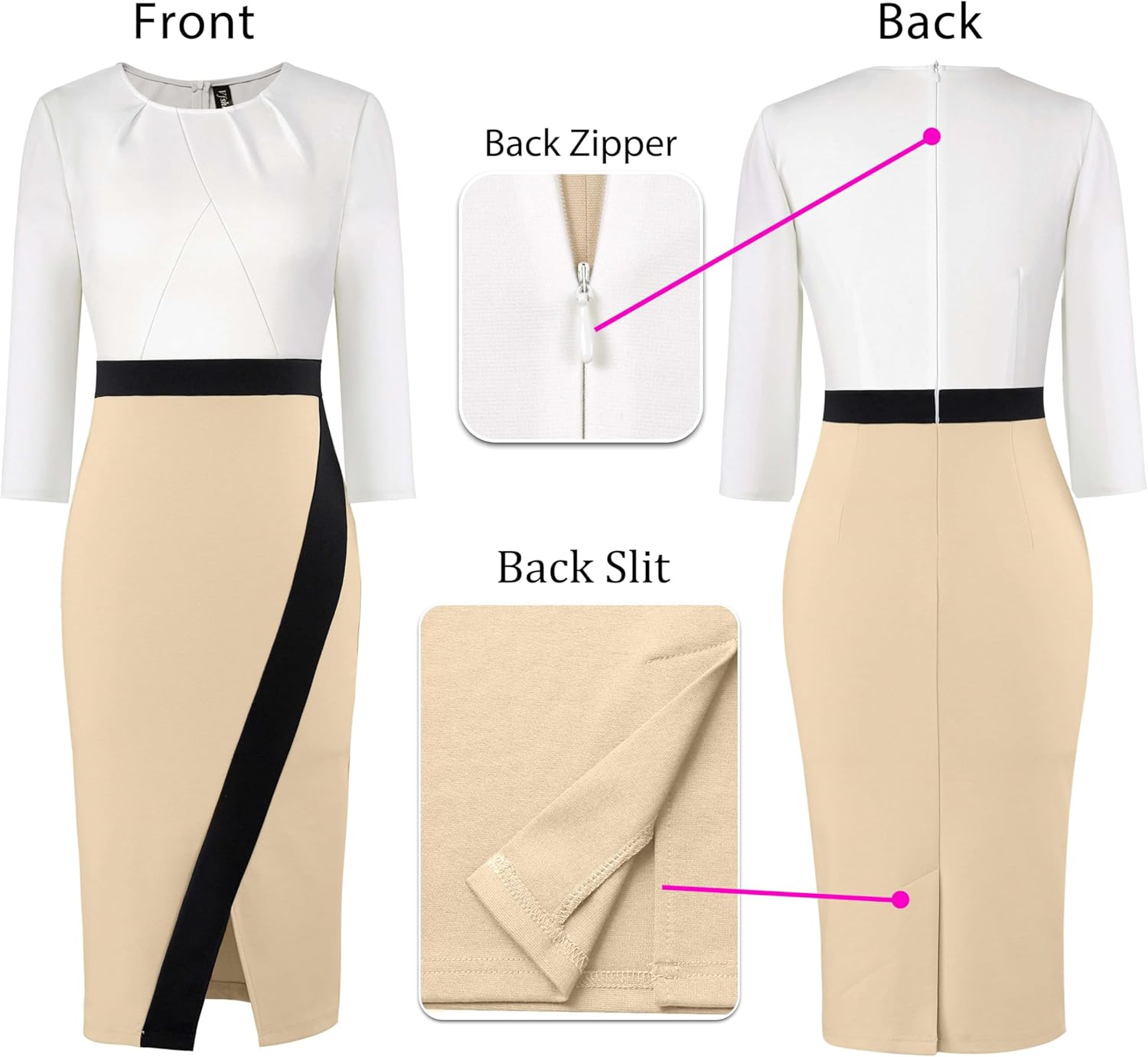 VFSHOW Womens Pleated Crew Neck Front Slit Work Business Office Bodycon Sheath Pencil Dress - Image 4