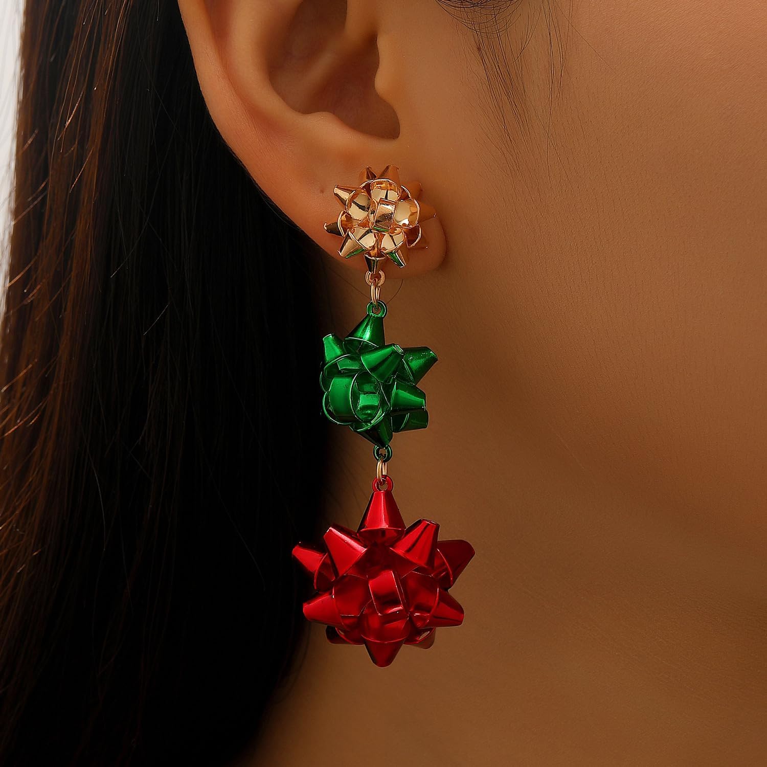 Christmas Bow Earrings Xmas Drop Dangle Stud Earrings Holiday Red Green Triple Bowknot Earrings Christmas Party Jewelry for Women - Image 2