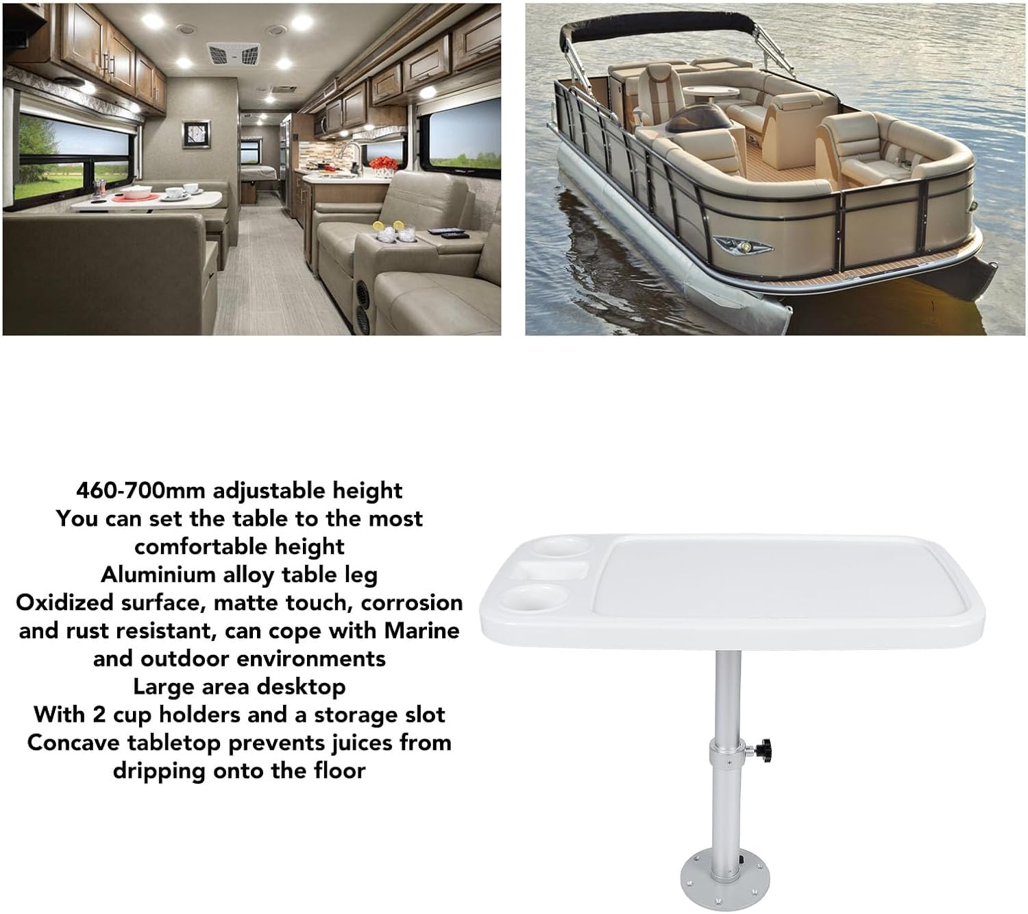 Adjustable Height RV Table & Base Set | 460-700mm Detachable Boat Table for Caravan/Yacht/Pontoon Deck | 2 Cup Holder & Storage Slot, Protective Aluminum Legs