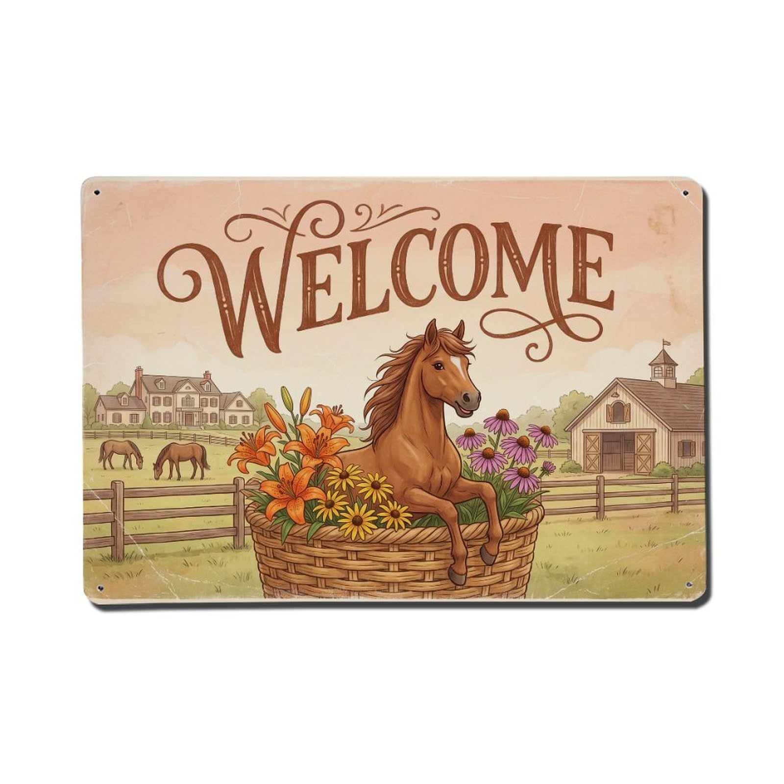 Vintage Welcome Horse Harvest Time Metal Tin Sign