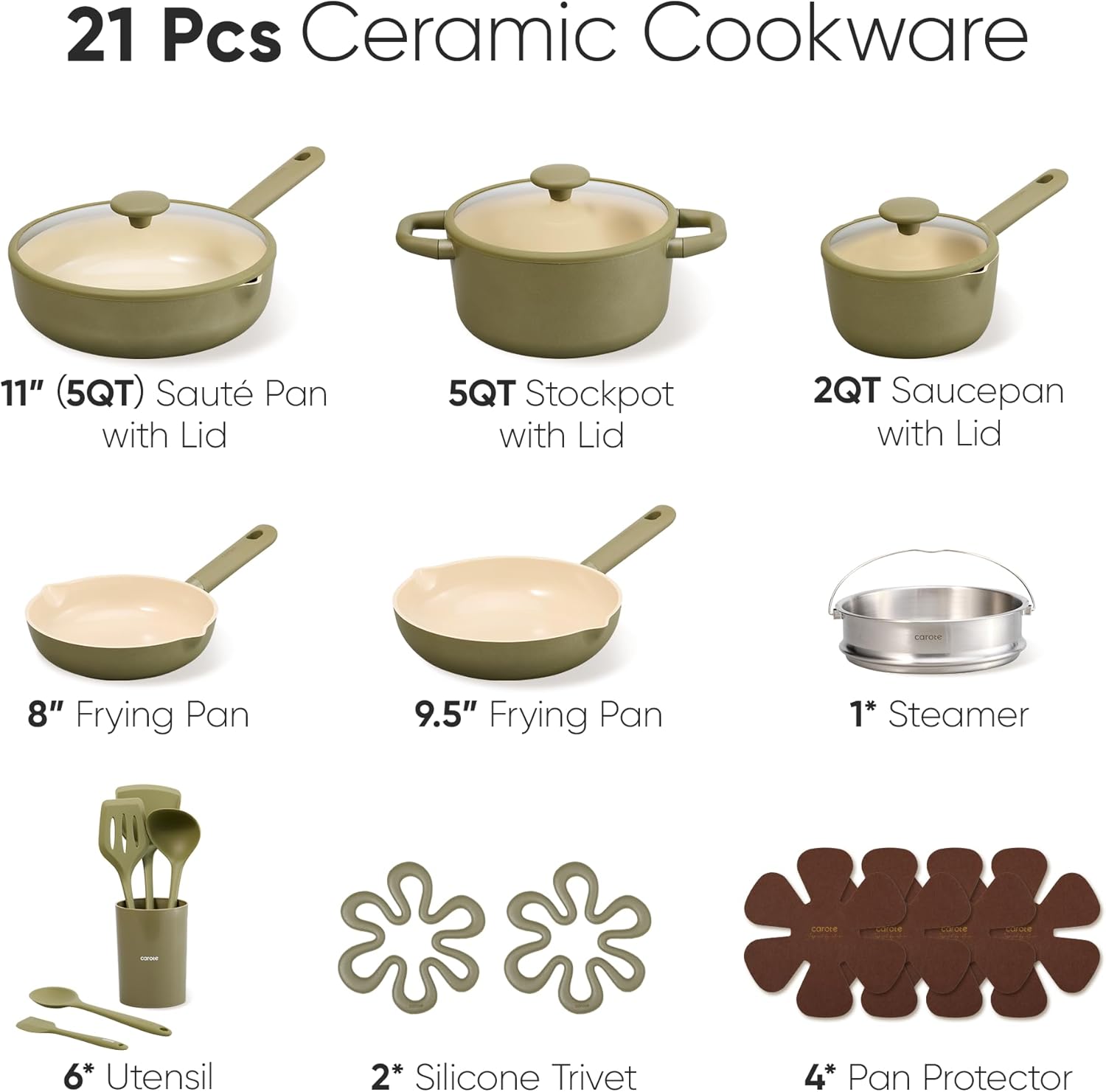 CAROTE 21pcs Cookware Set Nonstick Pots and Pans Set, Ceramic Cookware Set Induction Cookware, Non toxic Healthy Non Stick Kitchen Cooking Set, PFAS PTFE Free