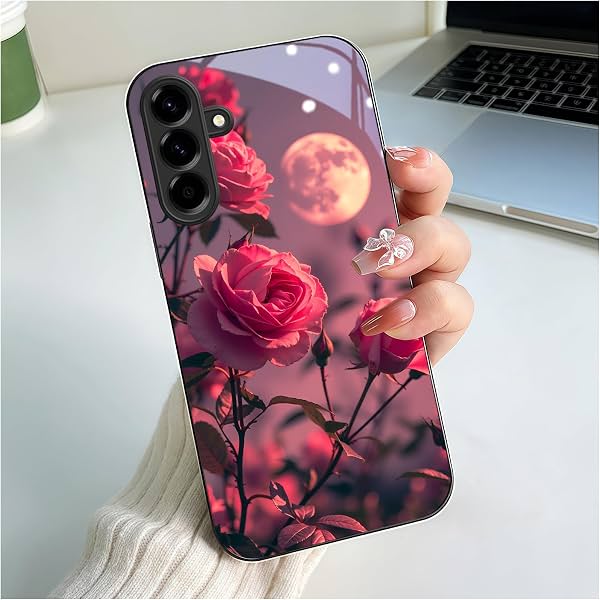 Funda para Samsung Galaxy A56 de 6.7 pulgadas con diseño rosa, luna y patrón rosa, acabado brillante y suave, estilo romántico, soñador y vibrante, para amantes de las rosas, regalo de San Valentín