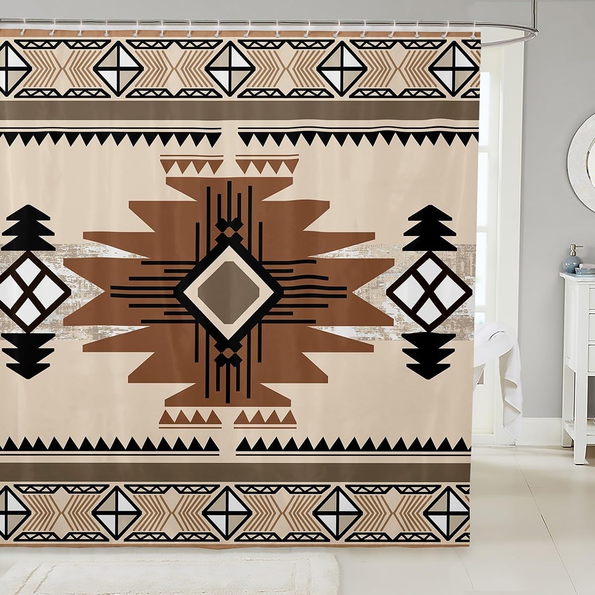 Feelyou Boho Shower Curtain 72"x78" Southwest Native American Design Bathroom Shower Curtain Set Southwestern Geometric Bath Curtain Western Decor Bathroom Accessories Beige Brown
