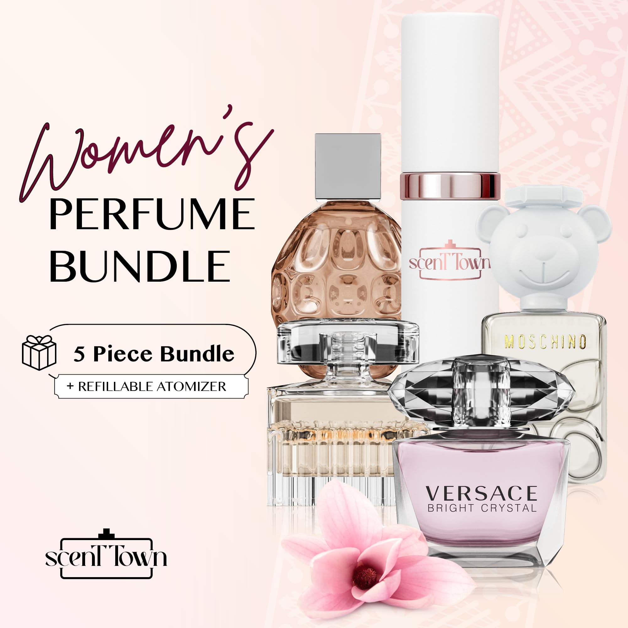Women's Perfume Gift Sets Bundle Mini Bottle – Designer Womens Perfume Sampler Sets with Refillable Atomizer – Bundle Includes Versace, Moschino, Chloe, Jimmy Choo Travel Size 0.15 Oz Each