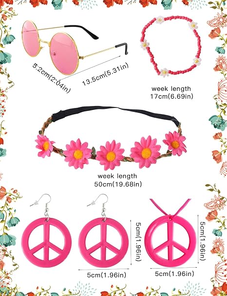 Costume Hippie Années 60-70 - 5 Pièces : Bandeau, Lunettes, Collier Paix, Boucles D'oreilles - Déguisement