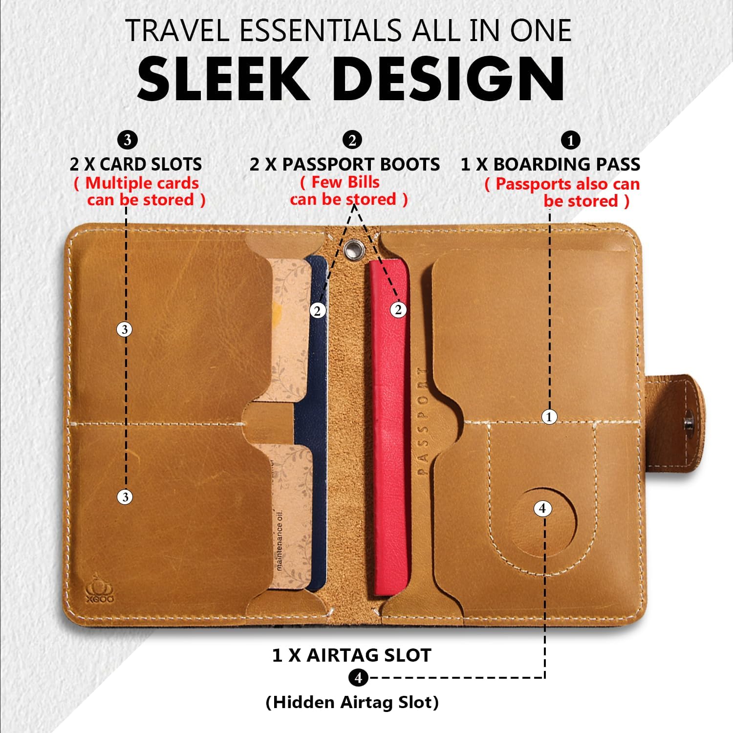 Genuine Leather Passport Holder with AirTag Slot(Hidden) | RFID Blocking Passport Holder for Travel | for 2 Passport Books | for Men Women & Family - Image 8