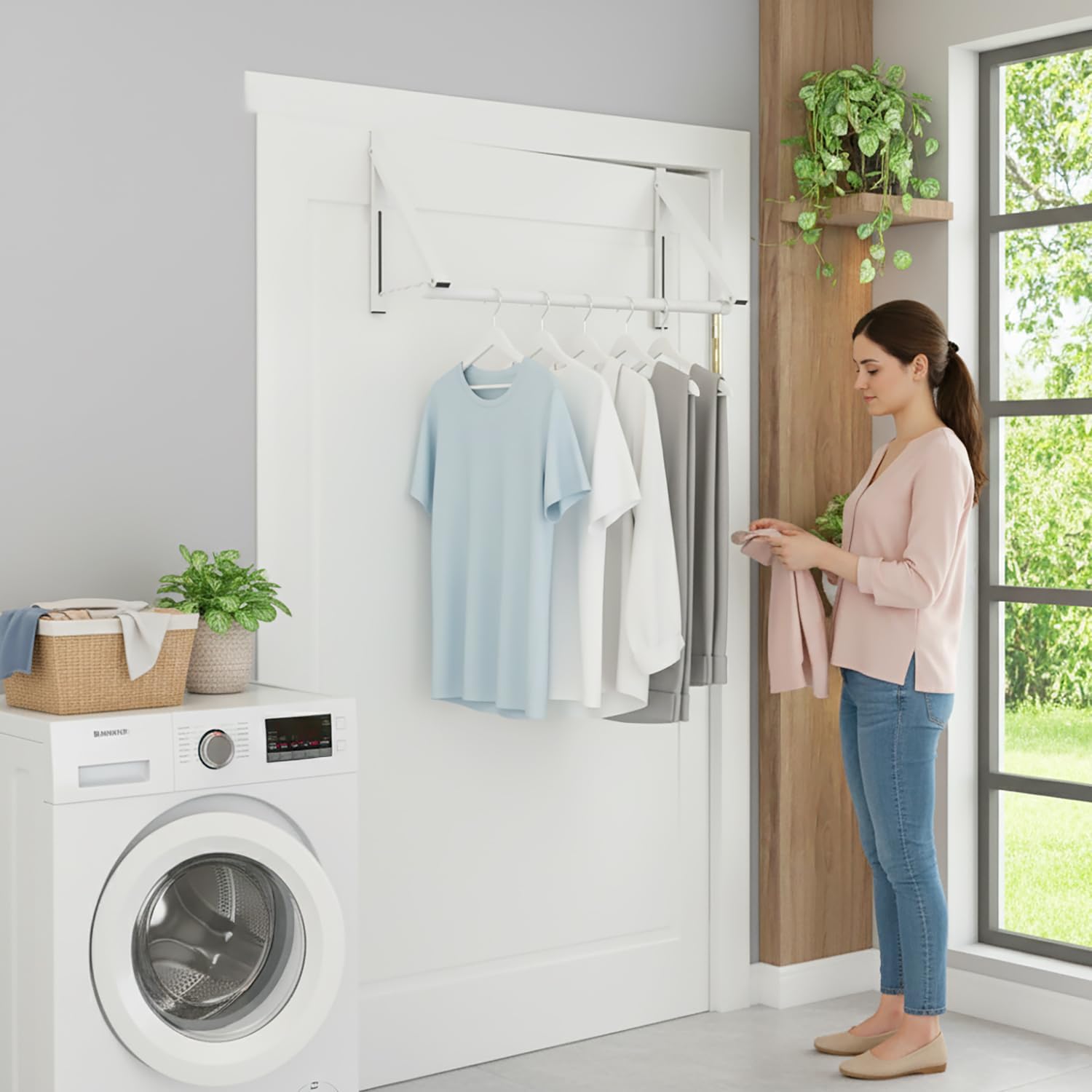Over The Door Clothes Hanger Rack Foldable Space-Saving Over The Door Hooks for Laundry Drying Bathroom Towels & Home Office(White)