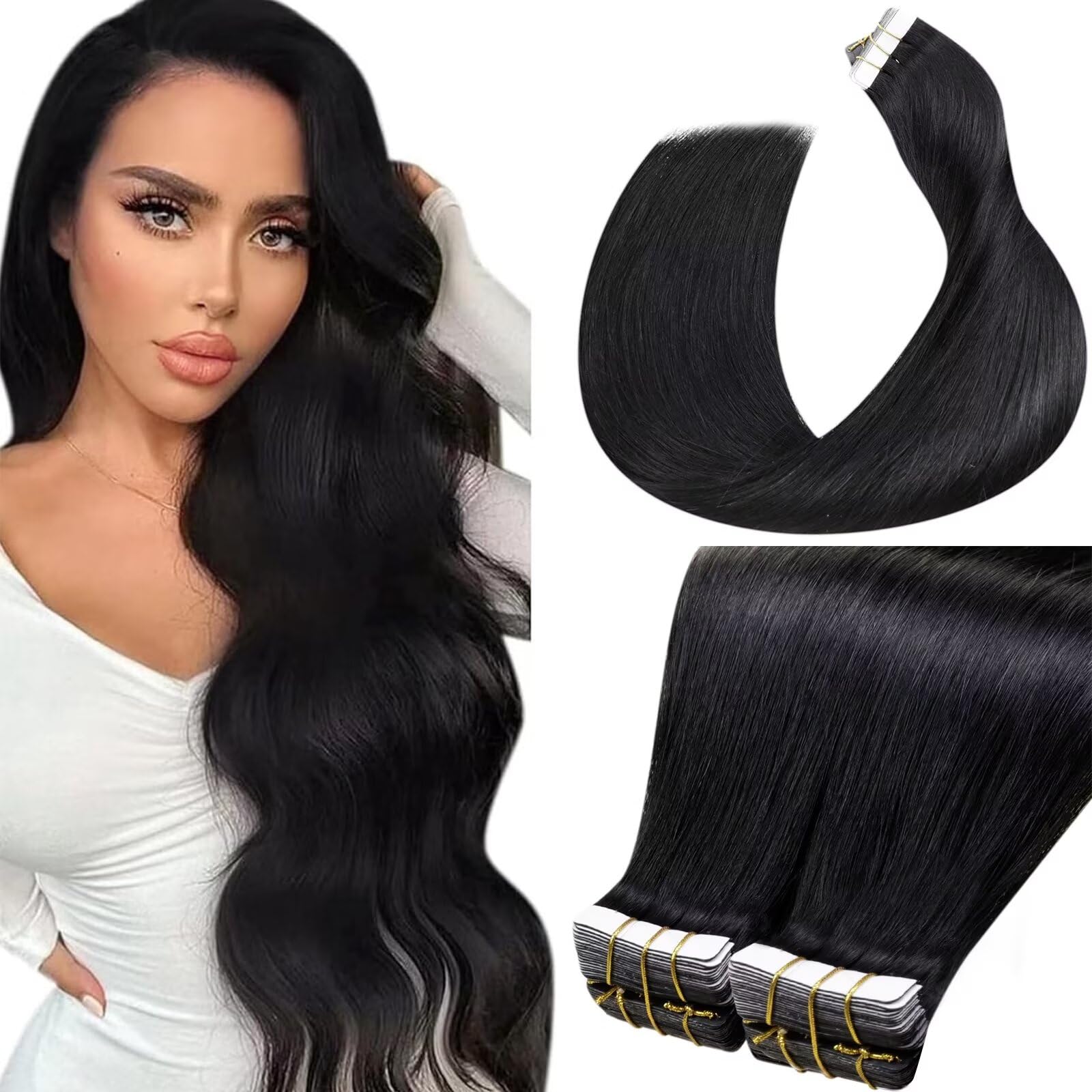 LaaVoo Tape in Hair Extensions Human Hair Jet Black Tape in Extensions Black Silky Straight Hair Extensions Tape on Real Human Hair 20inch 40pcs 100g