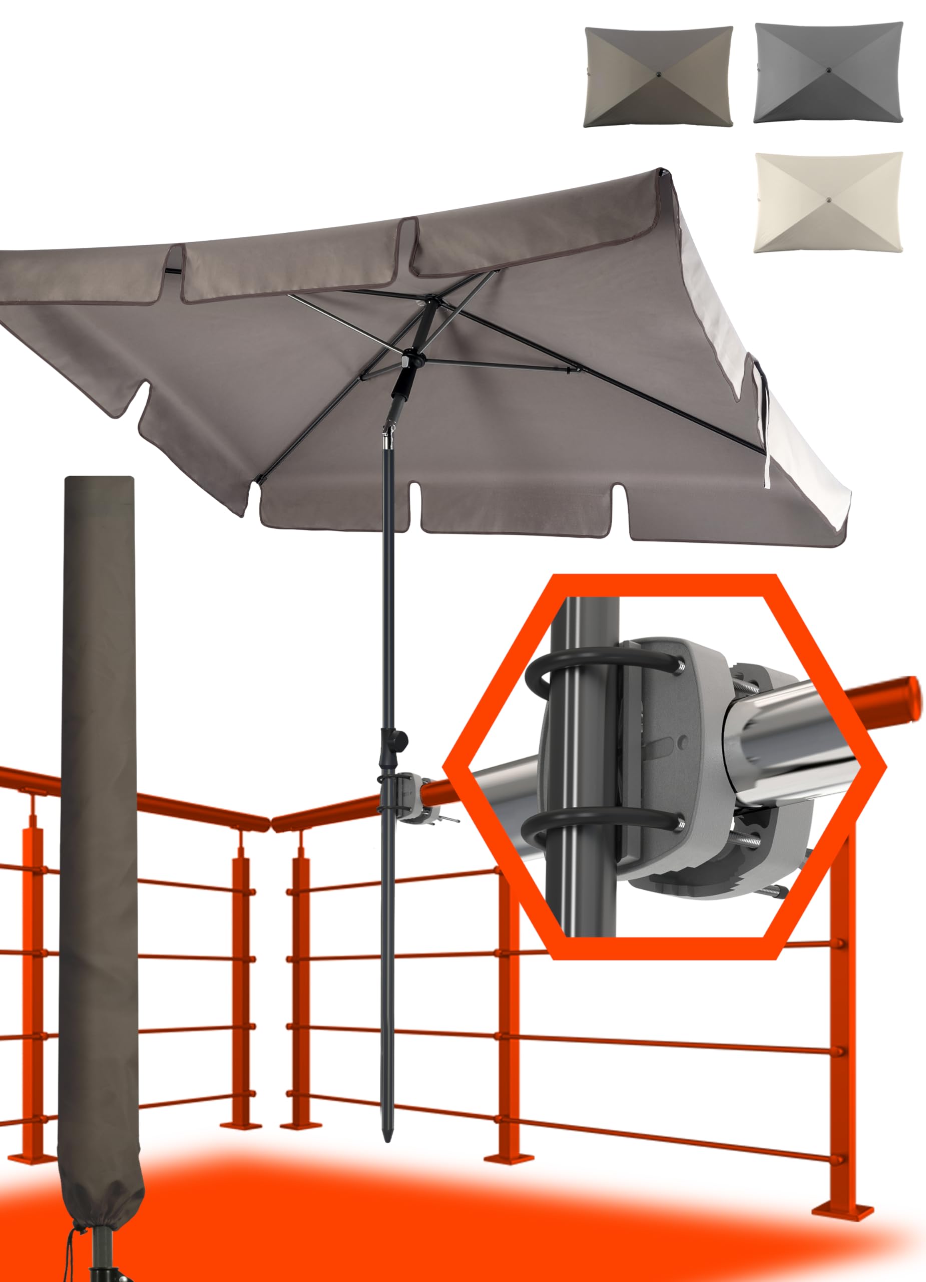 4smile Sonnenschirm Balkon SET - UV50+ Sonnenschirm rechteckig + Sonnenschirmhalter Balkongeländer + Sonnenschirmhülle - Sonnenschutz Balkon