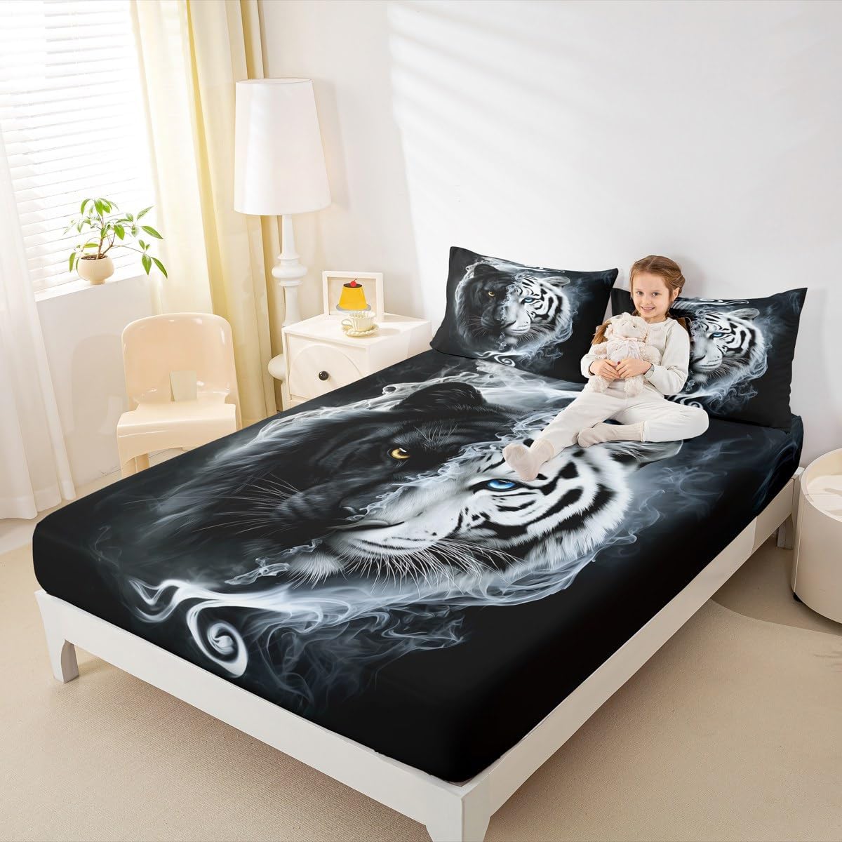 Tiger Kids Fitted Sheet Twin Size,Chinese Style Black and White Bed Sheet 2Pcs,Boys Girls Bedroom Decor,3D Wild Animals Print Deep Pocket Sheet,1 Pillowcase